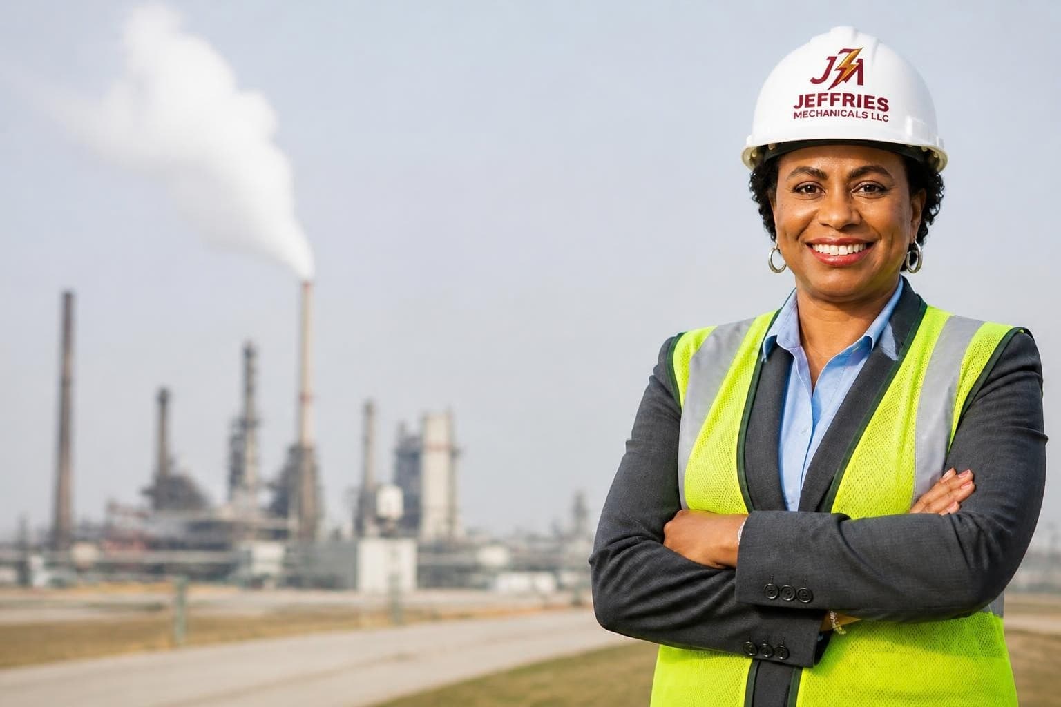 Jeffries Mechanicals leader in a hard hat and safety vest at an industrial facility