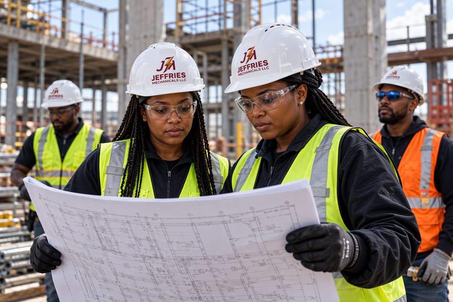 Two Jeffries Mechanicals tradeswomen reviewing drawings on a jobsite with crew behind them