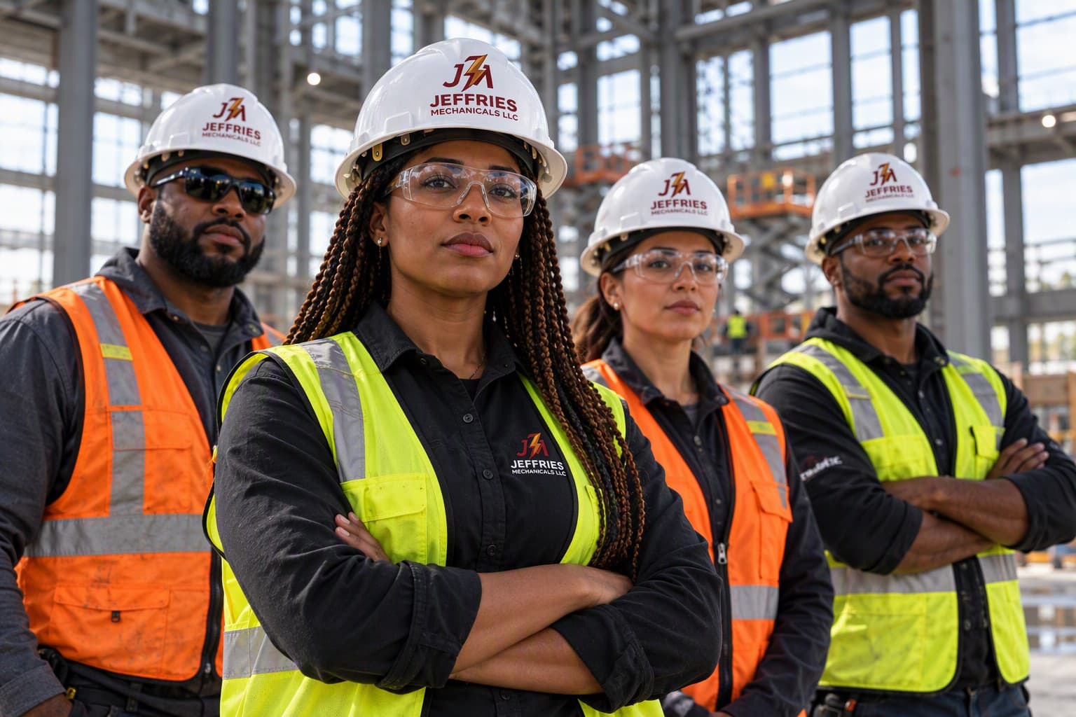 Jeffries Mechanicals crew in hard hats and high-visibility vests on a steel-frame jobsite
