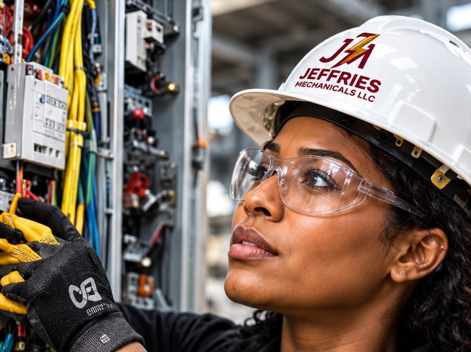 Jeffries Mechanicals electrician in a hard hat and safety glasses working on panel wiring
