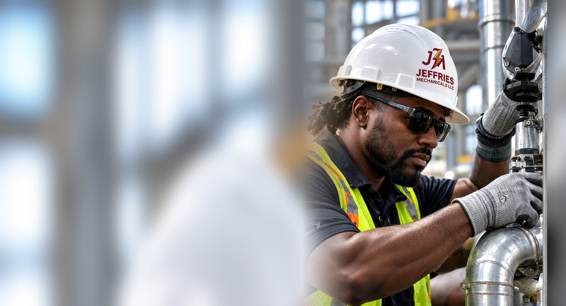 Jeffries Mechanicals pipefitter in a hard hat working on stainless process piping
