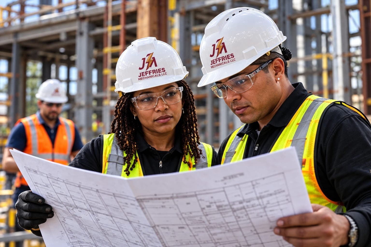 Jeffries Mechanicals tradeswoman and colleague in hard hats reviewing drawings on a jobsite
